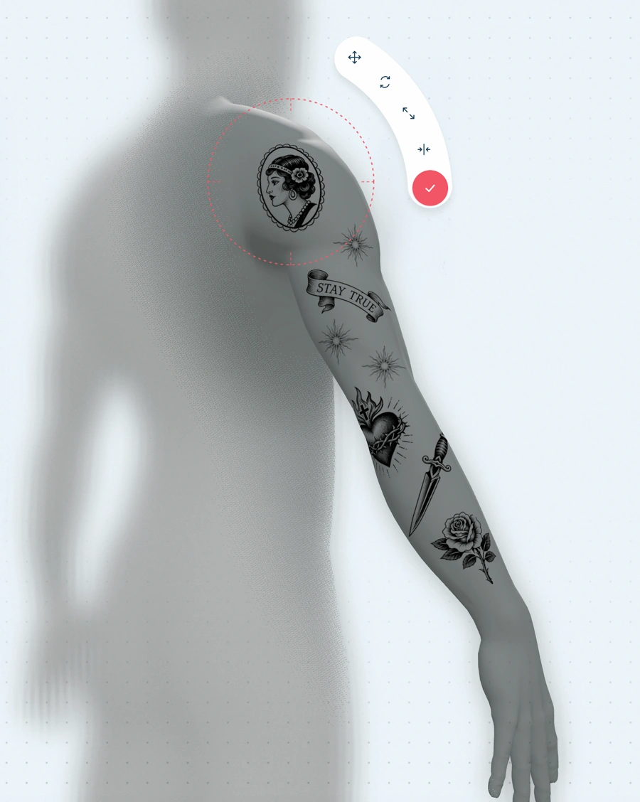 Detailed tattoo placement editing on a manikin arm