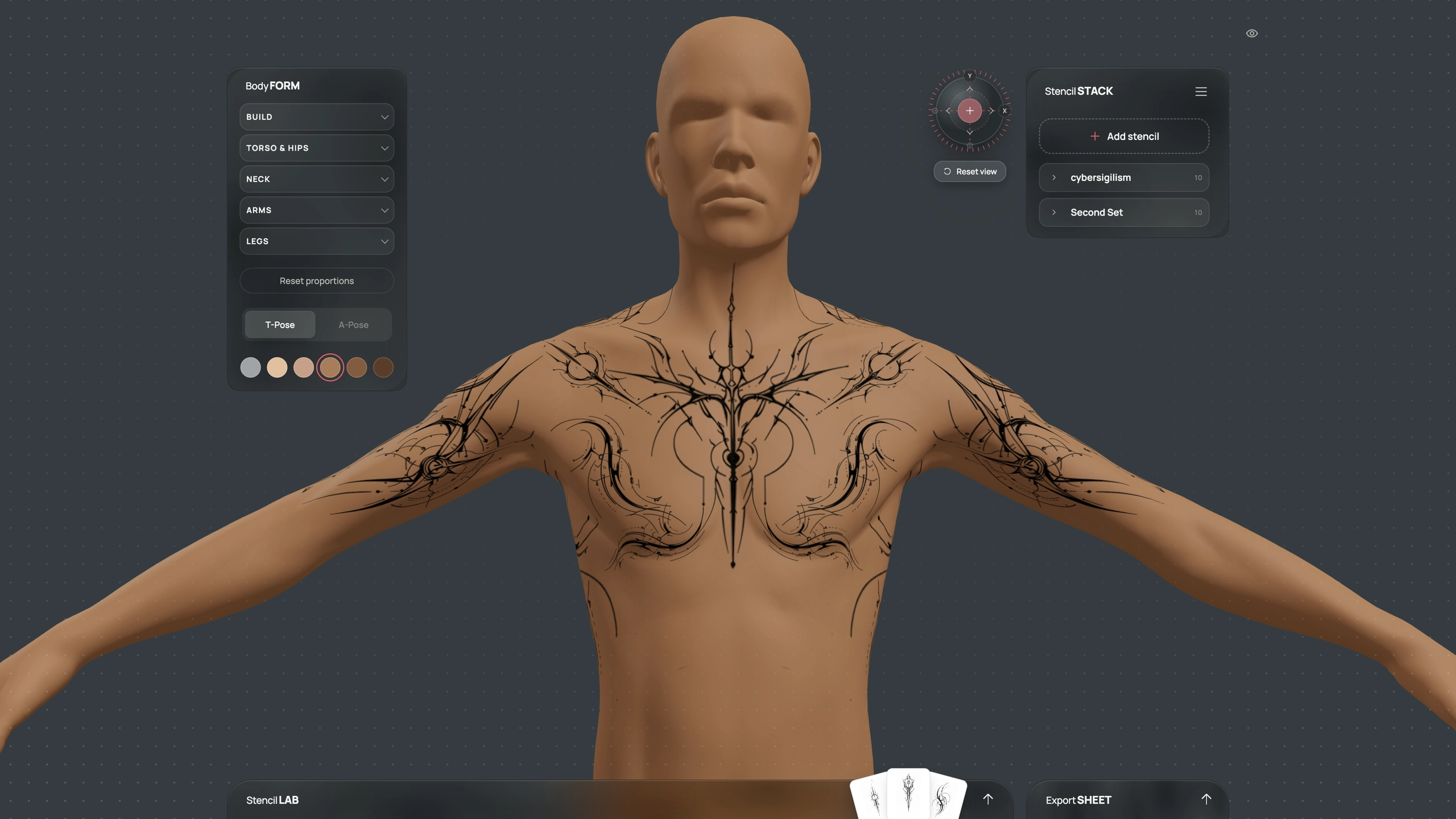 Full Stensyls workspace with a manikin rotating as the page scrolls